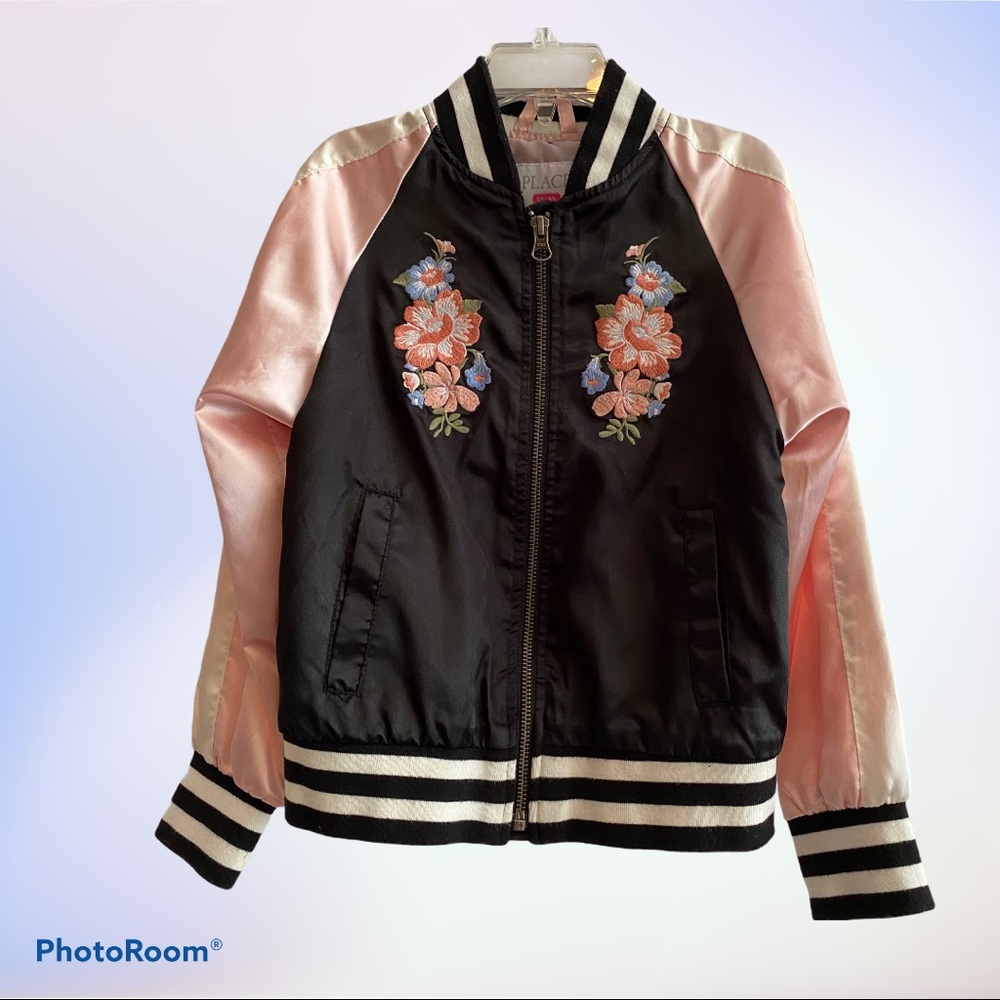 Childrens Place Girls Pink/Black Floral Embroidery Thin Bomer Jacket